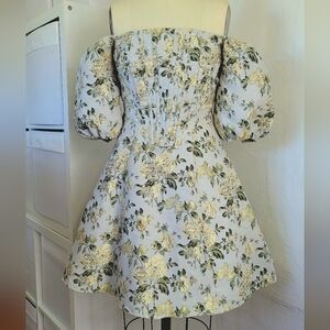 MISSGUIDED Size 2 Bell Puff Sleeve Cream Gold Floral Rose Mini Corset Dress